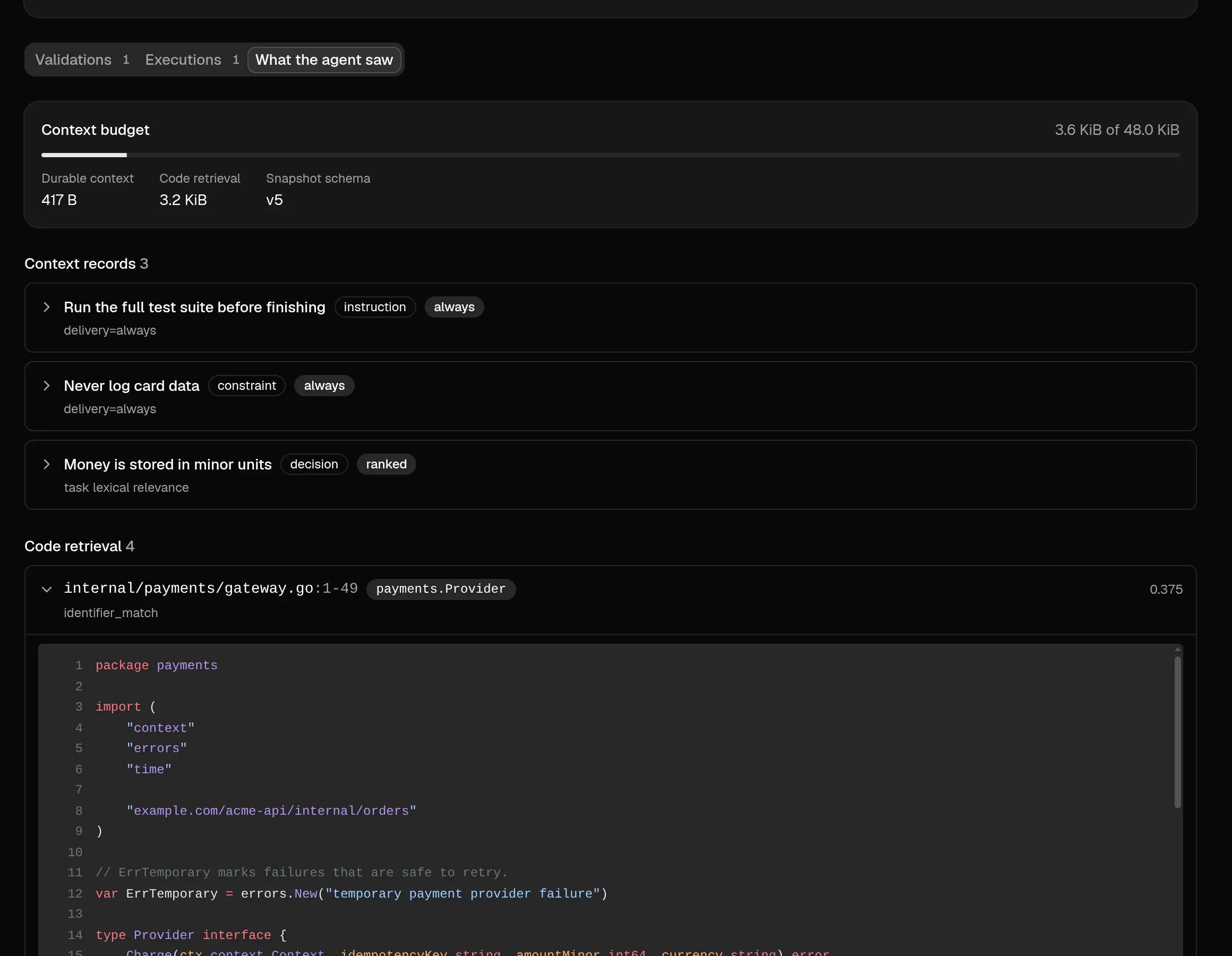 What the agent saw: context budget, three context records and retrieved code with syntax highlighting