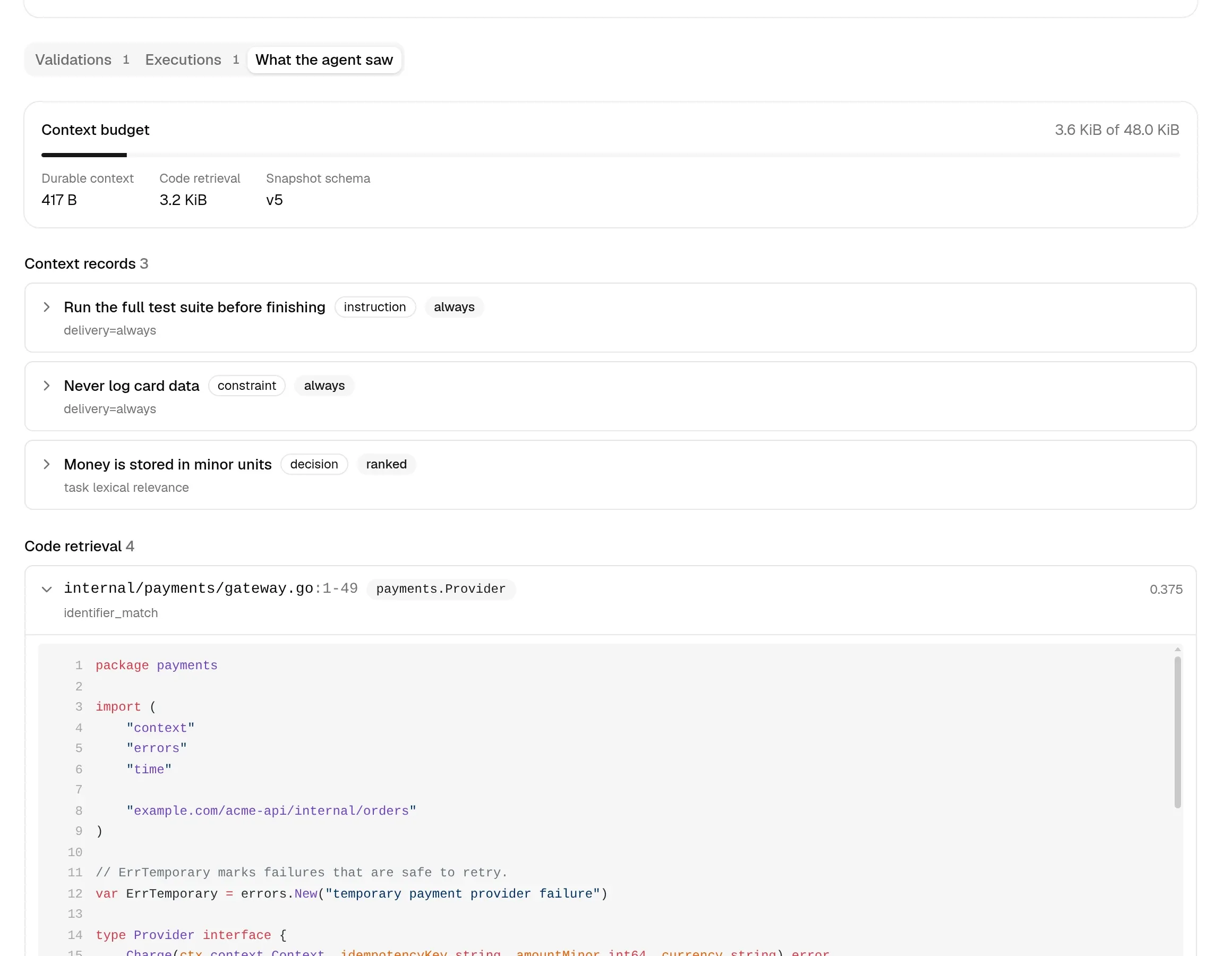 What the agent saw: context budget, three context records and retrieved code with syntax highlighting