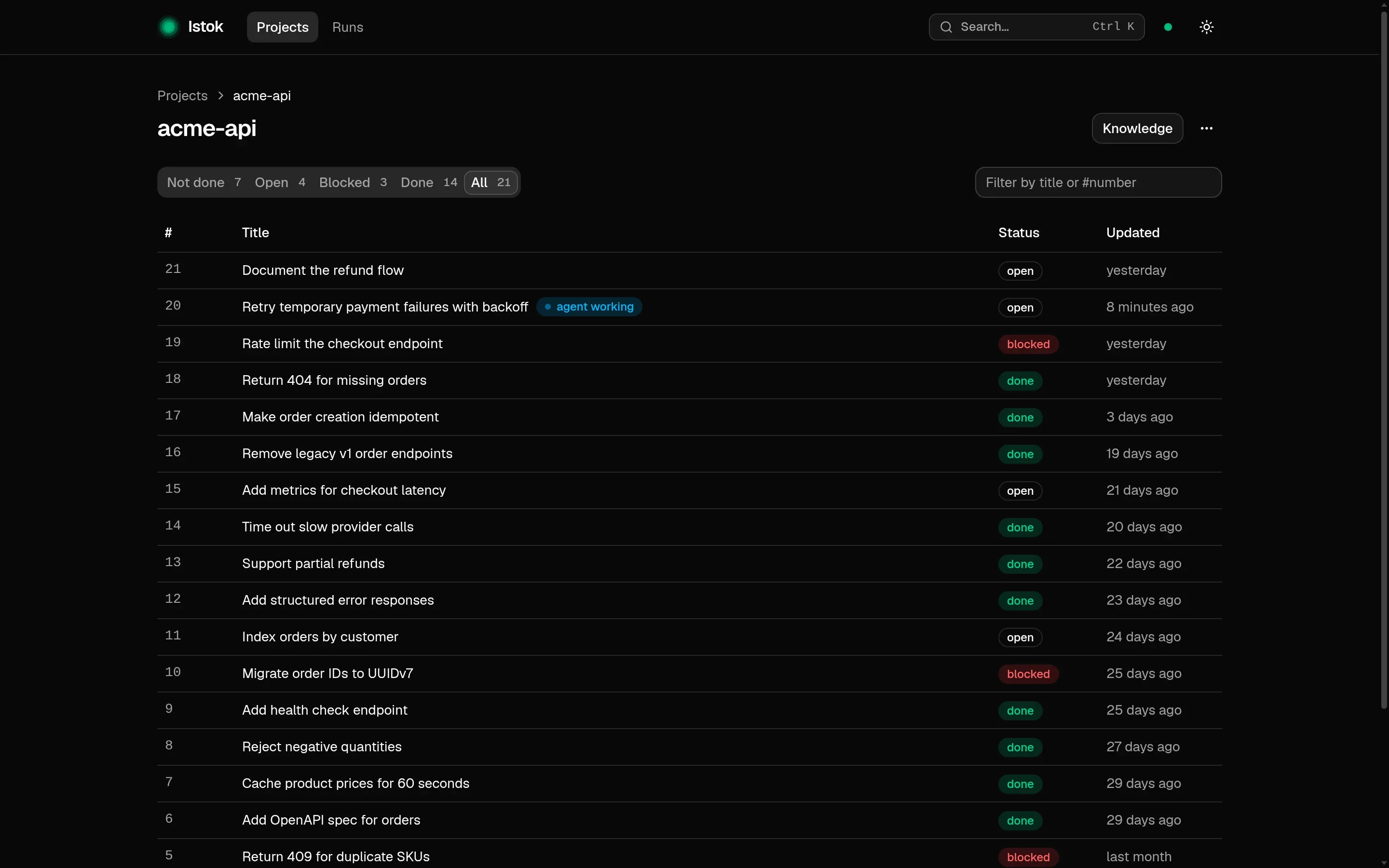 Task list of the acme-api project with statuses and an agent working on task 20
